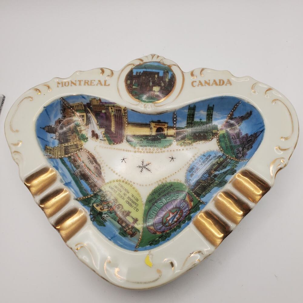 Vintage Montreal Canada Souvenir Ashtray MidCentury Gold Trim Scalloped Ceramic